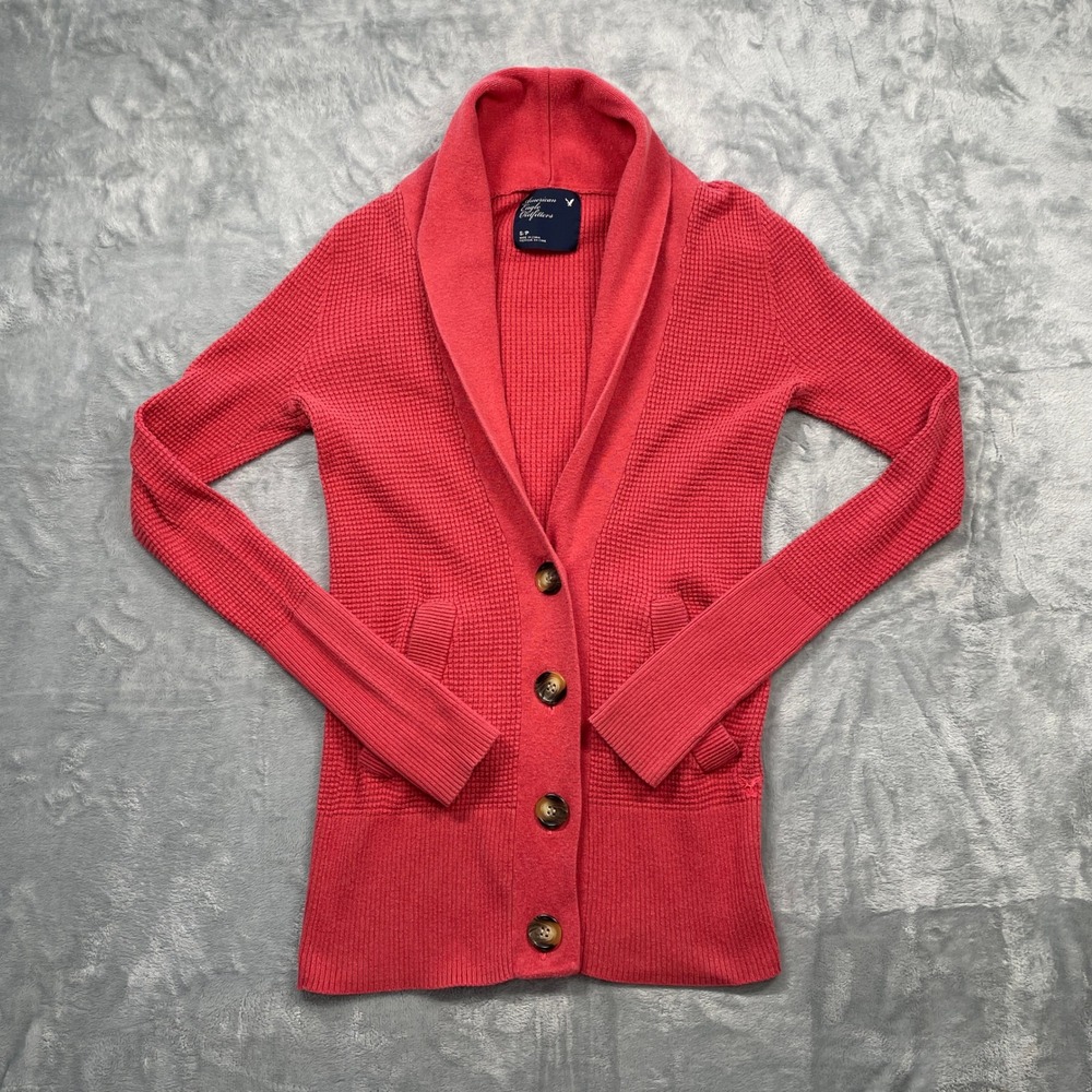 American Eagle Cardigan Womens Coral Pink Excellent Waffle Knit‎ Shawl Collar S